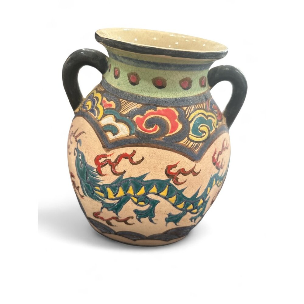 Vintage Hand-Painted Dragon & Phoenix Ceramic Vase two Handles Chinese Folk Art